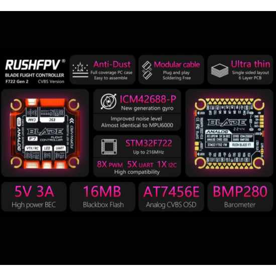 Rush Blade F722 30x30 Flight Controller For Analog V2 By RushFPV Rush Blade F722 30x30 Flight Controller For Analog V2 By RushFPV